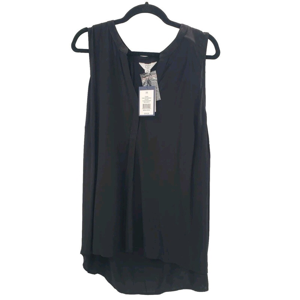 Crown & Ivy Black Icon Peasant Blouse Womens 3x Sleeveless Pleated V Neck Top